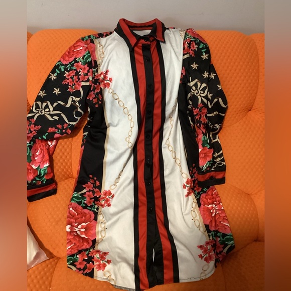 Womens Casual‎ Shirt Dress Long Sleeve Floral Print Button Down Loose Blouse L - Picture 3 of 3